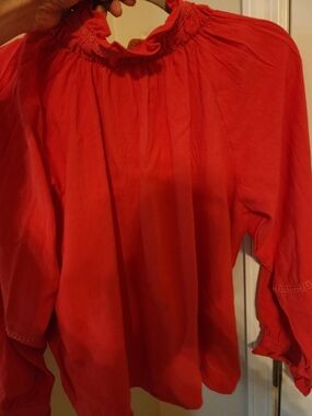 Smocked Ruffle Neck Red Blouse for Women